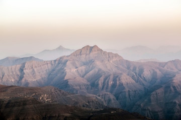 Geological landscape of Jabal Jais characterised by dry and rocky mountains, Mud Mountains in Ras Al Khaimah, United Arab Emirates