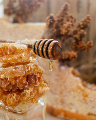 pieces of honeycomb and honey stick with honey and a drop of honey flowing. honey saved