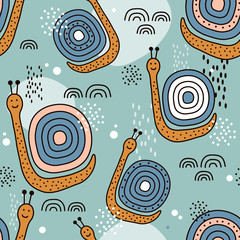 Snails, hand drawn colored backdrop. Colorful seamless pattern with animals. Decorative cute wallpaper, good for printing. Overlapping background vector, happy cochleas