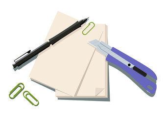 文房具。カッターナイフのイラスト。カッターナイフと紙。