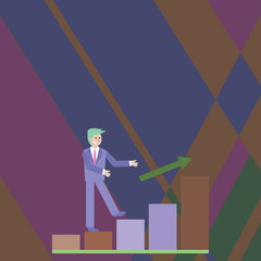 Fototapeta premium Smiling Businessman Climbing Colorful Bar Chart Following an Arrow Going Up Design business concept. Business ad for website and promotion banners. empty social media ad