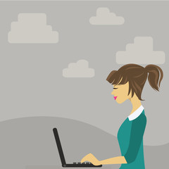 Illustration of Young Busy Woman Sitting Side View and Working on her Laptop Business concept Empty template copy space isolated Posters coupons promotional material
