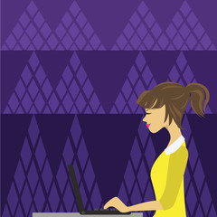 Illustration of Young Busy Woman Sitting Side View and Working on her Laptop Design business concept. Business ad for website and promotion banners. empty social media ad