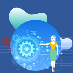 Woman Standing and Presenting the SEO Process with Cog Wheel Gear inside Design business concept. Business ad for website and promotion banners. empty social media ad