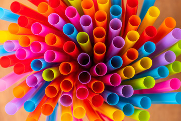 Close up colorful straw for drink top view background