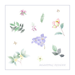 Flowers watercolor illustration,Greeting card with flower, watercolor, can be used as invitation card for wedding, birthday and other holiday