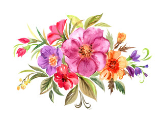 Decorative flower bouquet, flower vignette, watercolor painting on white background, isolated with clipping path.