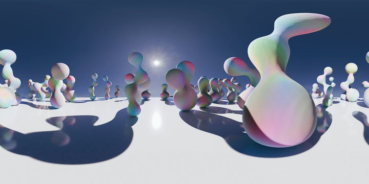 HDRI environment map, spherical panorama background, light source rendering with abstract objects and sky (3d equirectangular illustration)