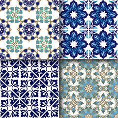 Lisbon geometric Azulejo tile vector pattern, Portuguese or Spanish retro tiles mosaic. Ornamental indigo textile background