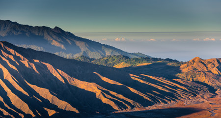 Naklejka na ściany i meble Mount Bromo Tengger Volcano and Mountain Range at Sunrise Scene., East Java, Indonesia., National Park of Travel Destination of Tourism Journey., Outdoor Adventure.