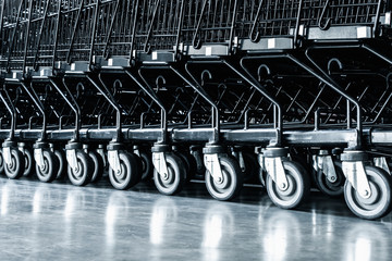 Row of Shopping Cart and Area Handling in Supermarket Store, Roller of Trolley in Department Shop....