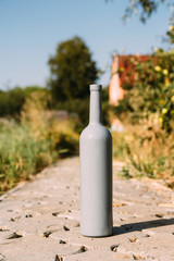 one gray bottle on the road from the tiles, the village, rural alcoholism, drunkenness. alcoholic illness. wine natural drink. wine