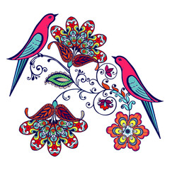 Obraz premium Colorful floral decorative pattern with red birds. Stylized flowers and paisley on the light backdrop. Indian pattern. Design for fabric, carpet, cover, textile, wrapping paper