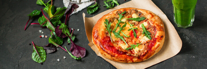 pizza, mushrooms, chicken, tomato sauce, cheese, arugula (pizza ingredients). hot pizza. Top view. copy space