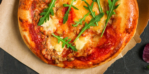 pizza, mushrooms, chicken, tomato sauce, cheese, arugula (pizza ingredients). hot pizza. Top view. copy space