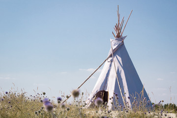 Summer vacation camping tent, indian wigwam hut, in dry wild prairie steppe desert - obrazy, fototapety, plakaty