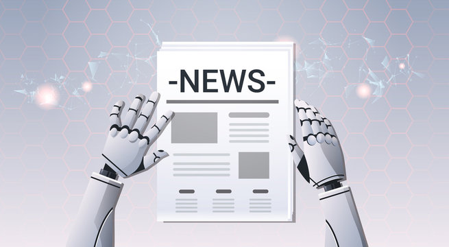 Robot Hands Holding Newspaper Humanoid Reading Daily News Top Angle View Artificial Intelligence Digital Futuristic Technology Concept Horizontal