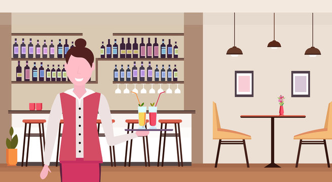 young waitress holding tray with cocktails professional worker in cafe serving drinks for clients woman in uniform standing in modern restaurant interior portrait horizontal vector illustration