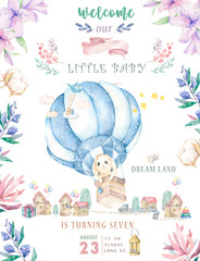 Watercolor isolated cute watercolor Bunny in air balloon clipart. Nursery rabbit illustration. Baby poster. Trendy pink cartoon animal. Birthday invite card, Dreamer style, Celebration postcard