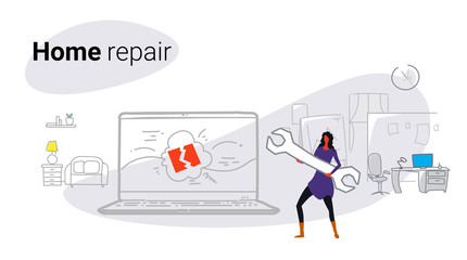 woman engineer holding wrench girl standing near laptop screen home repair service concept modern apartment interior female character full length sketch doodle horizontal