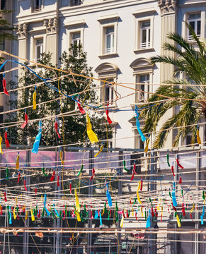 Preparation of the mascleta in the Fallas of Valencia. The pyrotechnic objects, called masclets, hung on ropes, inside a cage, will be exploited every day during the festival of the Valencian fallas 