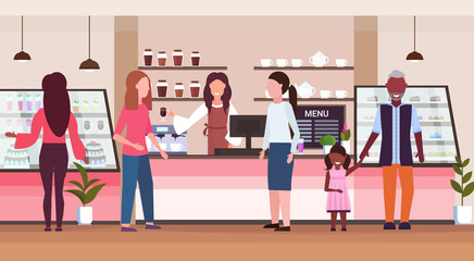 female barista coffee shop worker serving mix race people clients giving glass of hot drink waitress standing at cafe counter modern cafeteria interior flat full length horizontal