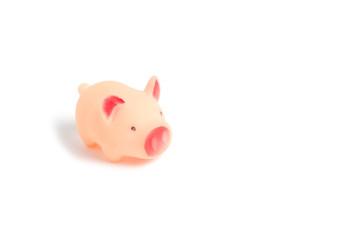 Little rubber, pink pig, toy on white background.
