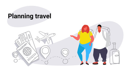fat obese man woman travelers standing together overweight couple planning travel concept people with baggage choosing hotel and tickets booking sketch doodle horizontal