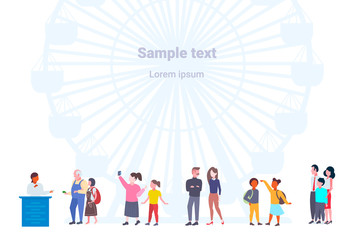 Fototapeta premium mix race people standing line queue buying tickets to ferris wheel male female cartoon characters walking city park having fun horizontal copy space full length flat