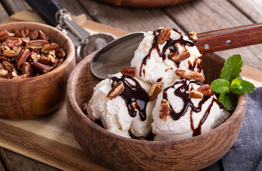 Ice Cream Sundae in a Wooden Bowl