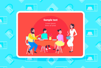 happy family having breakfast housewife serving food to her husband and children sitting at dinning table cartoon characters full length flat horizontal copy space