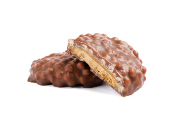 Chocolate cookies with caramel filling isolated on white background