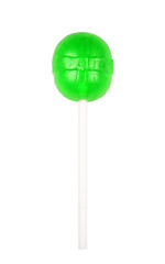 Green round lollipop isolated on white. Sweet sugar candy