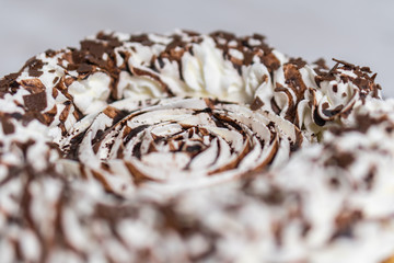 Closeup of delicious cream pie ready to server, Cream and chocolate topping