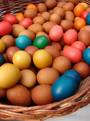colorful easter eggs in a basket close up