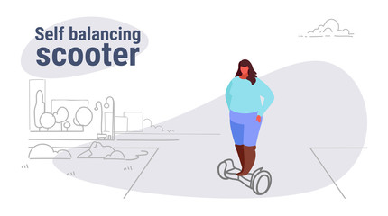 fat obese woman riding electric self balancing scooter overweight girl using eco transport unhealthy lifestyle concept city urban park landscape sketch doodle horizontal