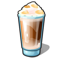 An iced coffee with caramel and whipped cream in a glass cup isolated on a white background. Recipes of delicious drinks or beverage and cocktails. Cartoon vector close-up illustration.