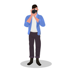man photographer taking photo with camera male character standing and shooting professional occupation concept cartoon character full length flat white background