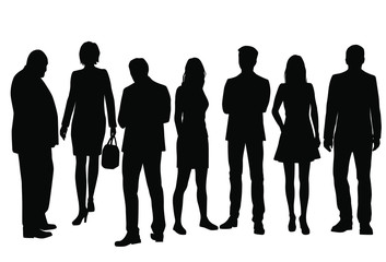 Set of vector silhouettes of  men and a women, a group of standing business people, black color isolated on white background