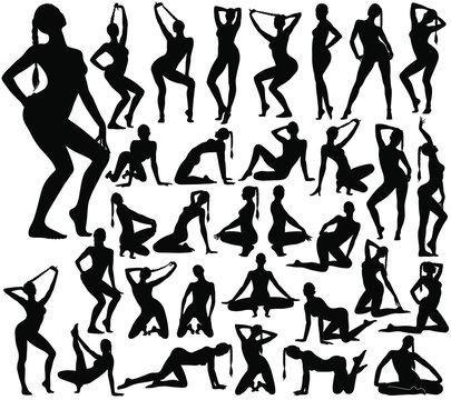 Big set of sexy pinup woman with long hair silhouettes in different standing and sitting poses. Beautiful girl in bikini dancing and teasing.