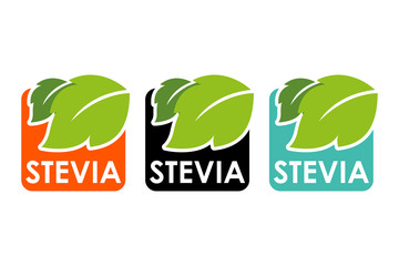 Symbol of stevia or sweet grass with colorful labels and green herbal leaves. Stevia vector logo set for web and print