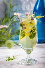 Detox cold lemonade with lime, mint and lemon zest, diet drink, healthy summer cocktail