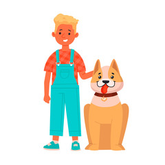 Cheerful Boy with a dog. Happy child with her pet on an isolated background. Vector illustration