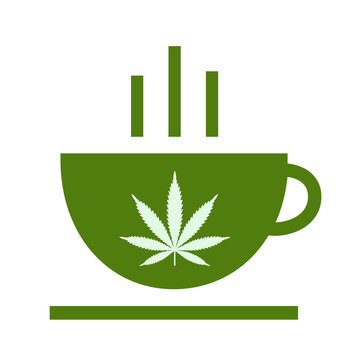 Cannabis herbal tea and marijuana leaves. Icon vector logo template. Isolated vector illustration on white background.