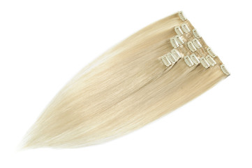 Clip in straight bleached blonde human hair extensions