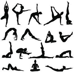Silhouettes of woman doing yoga exercises.  Icons of flexible girl stretching her body in different yoga poses. Black shapes of woman isolated on white background.