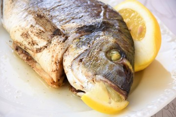 Whole baked dorado fish lies on a white tarlka with lemon