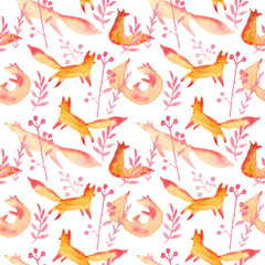 Cute orange red foxes in pink forest watercolor seamless pattern on white background. Cartoon simple foxes playing, curled, jumping, sitting