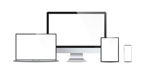 Set of realistic modern devices - desktop computer monitor, laptop, tablet, smartphone. Electronic gadgets isolated on white background. Mock up template for your design.