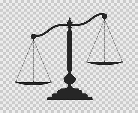 Scales of justice. Dark empty scale on transparent background. Classic balance icon. Law balance symbol.